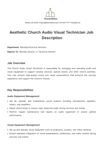 Free Aesthetic Church Audio Visual Technician Job Description Template to Edit Online