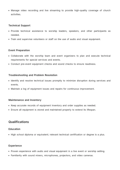 Free Aesthetic Church Audio Visual Technician Job Description Template to Edit Online