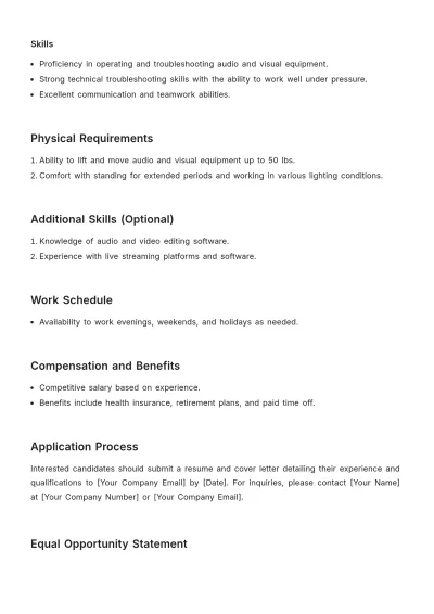 Free Aesthetic Church Audio Visual Technician Job Description Template to Edit Online