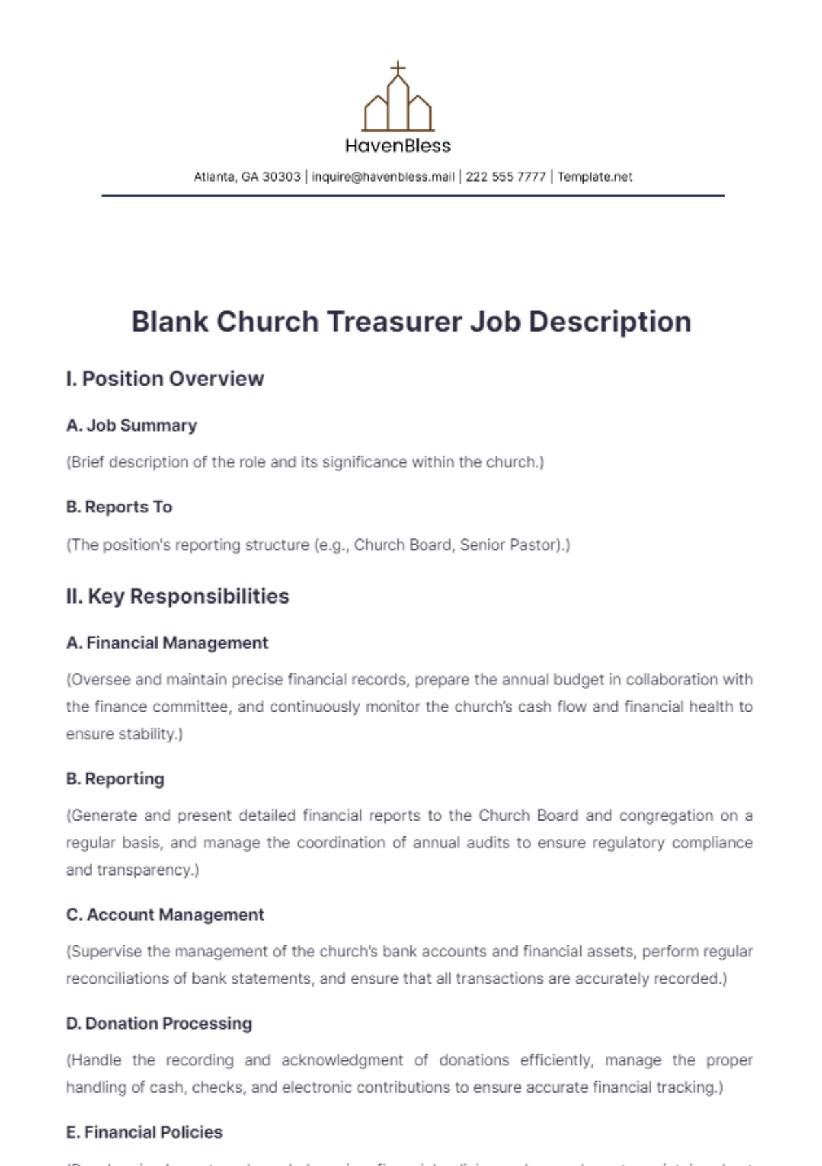 Blank Church Treasurer Job Description Template - Edit Online & Download