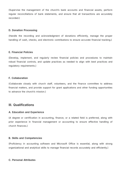 Free Blank Church Treasurer Job Description Template to Edit Online