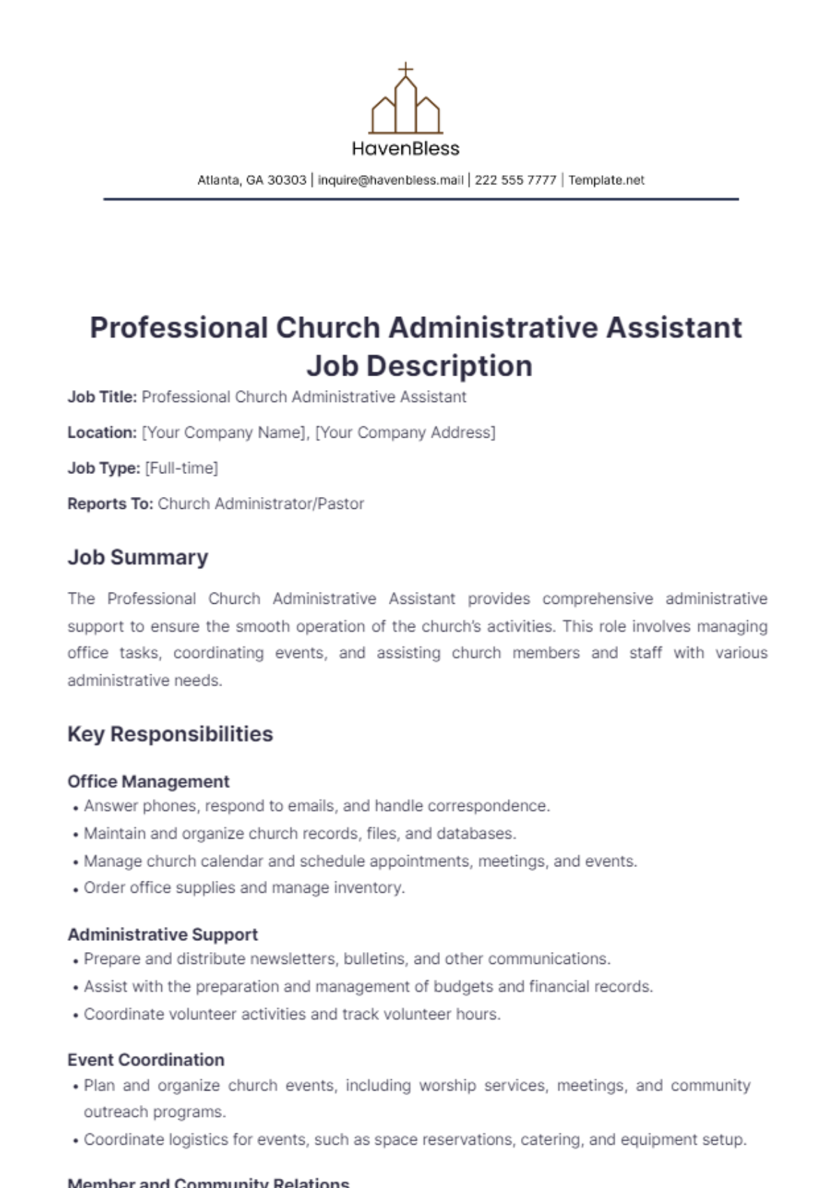 Professional Church Administrative Assistant Job Description Template - Edit Online & Download