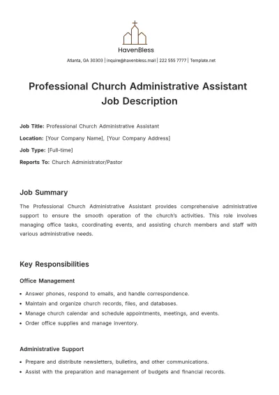 Free Professional Church Administrative Assistant Job Description Template to Edit Online