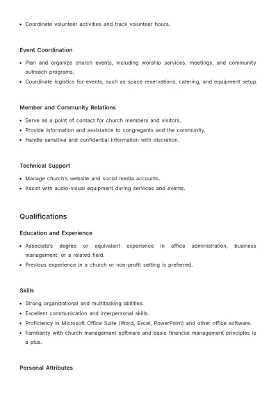 Free Professional Church Administrative Assistant Job Description Template to Edit Online