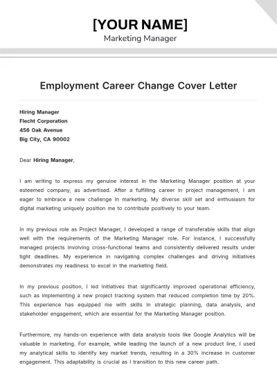 Free Employment Career Change Cover Letter to Edit Online