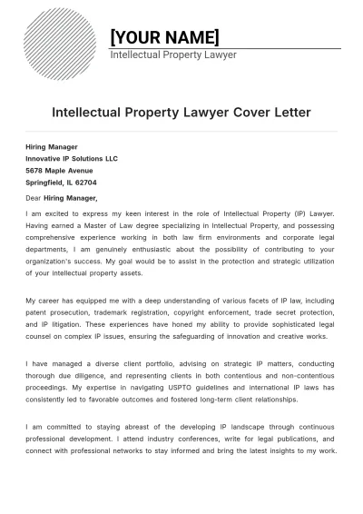 Free Intellectual Property Lawyer Cover Letter to Edit Online