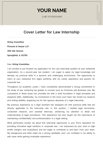 Free Cover Letter for Law Internship to Edit Online