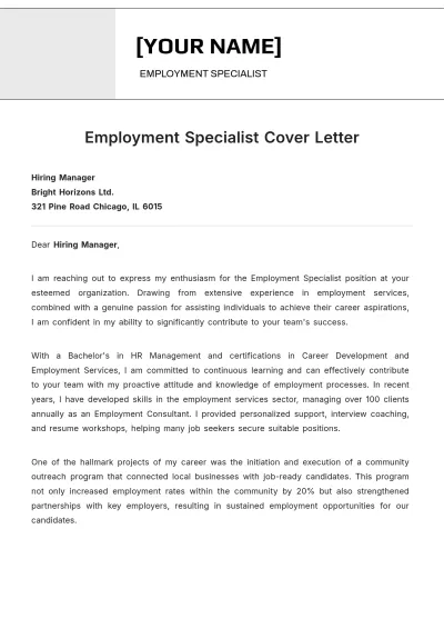 Free Employment Specialist Cover Letter to Edit Online