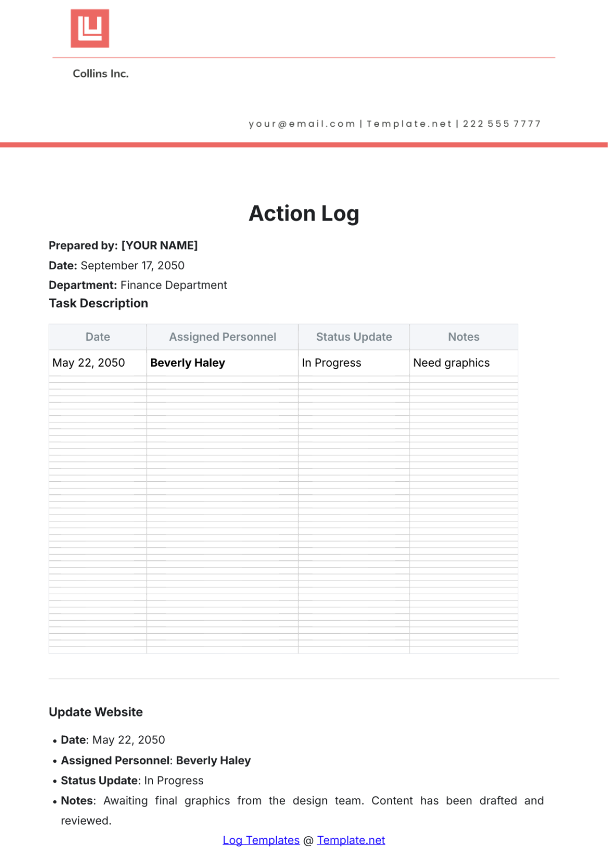 Free Action Log Template to Edit Online