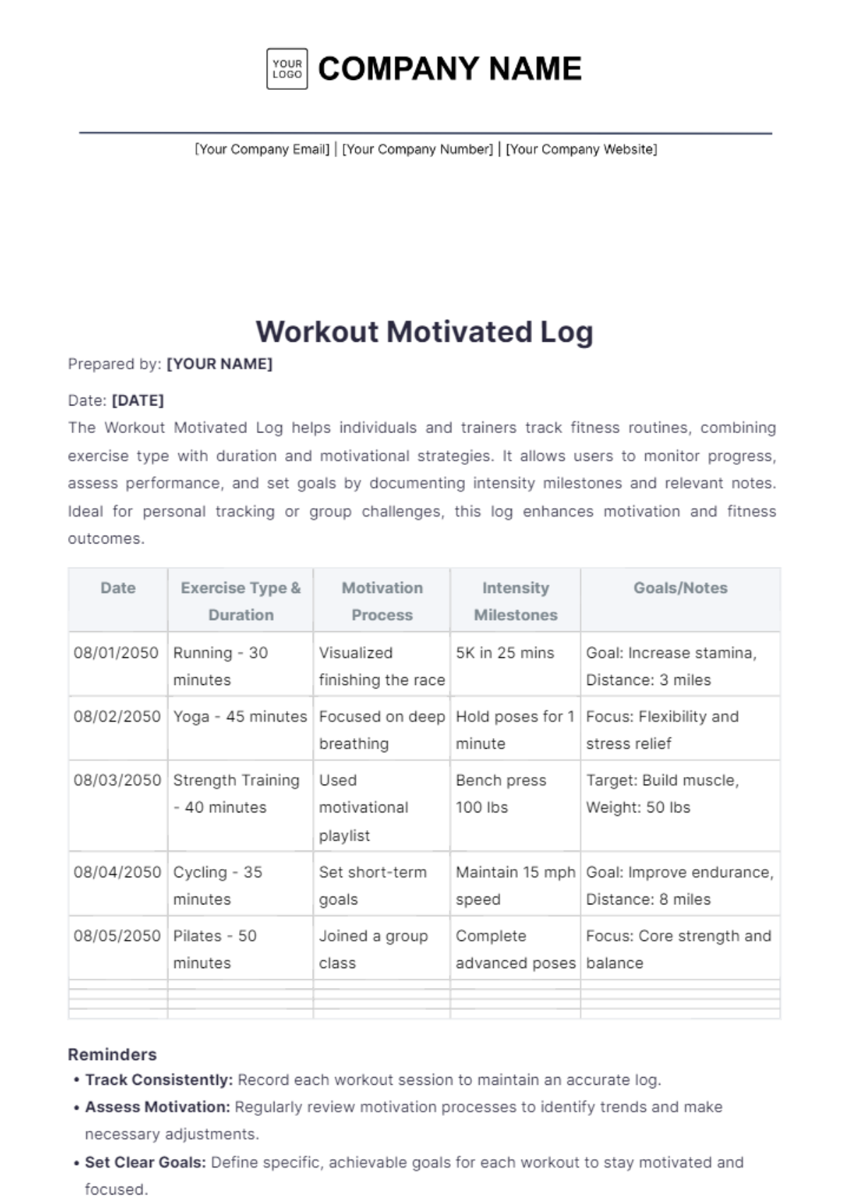 Workout Motivated Log Template - Edit Online & Download