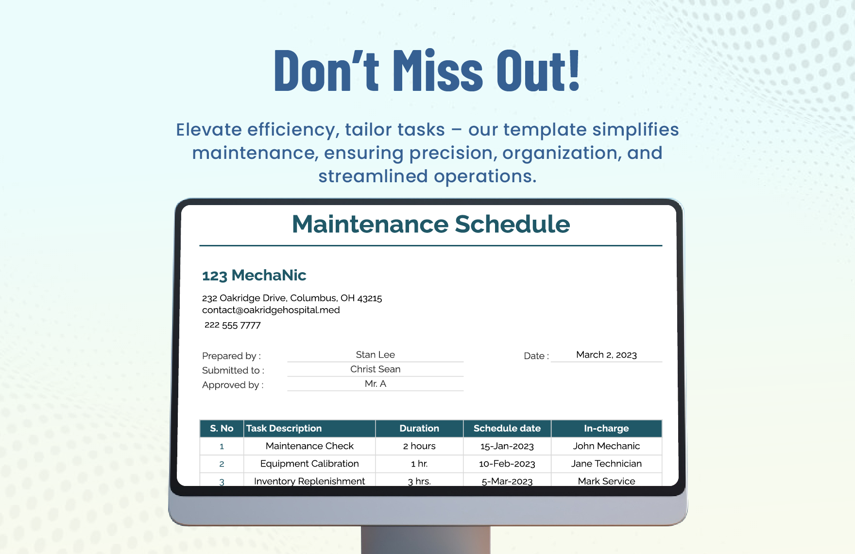 Sample Maintenance Schedule Template