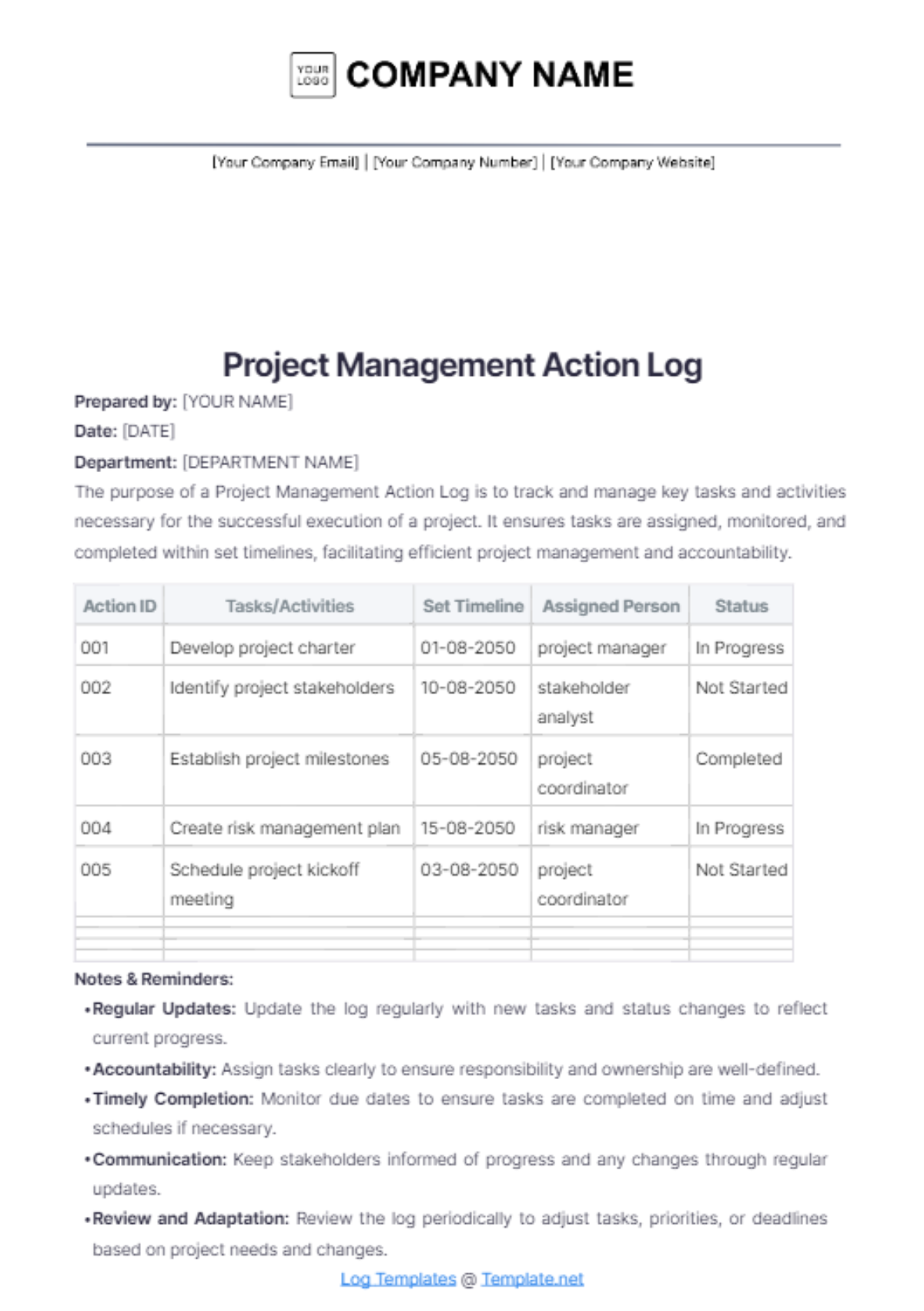 Project Management Action Log Template - Edit Online & Download