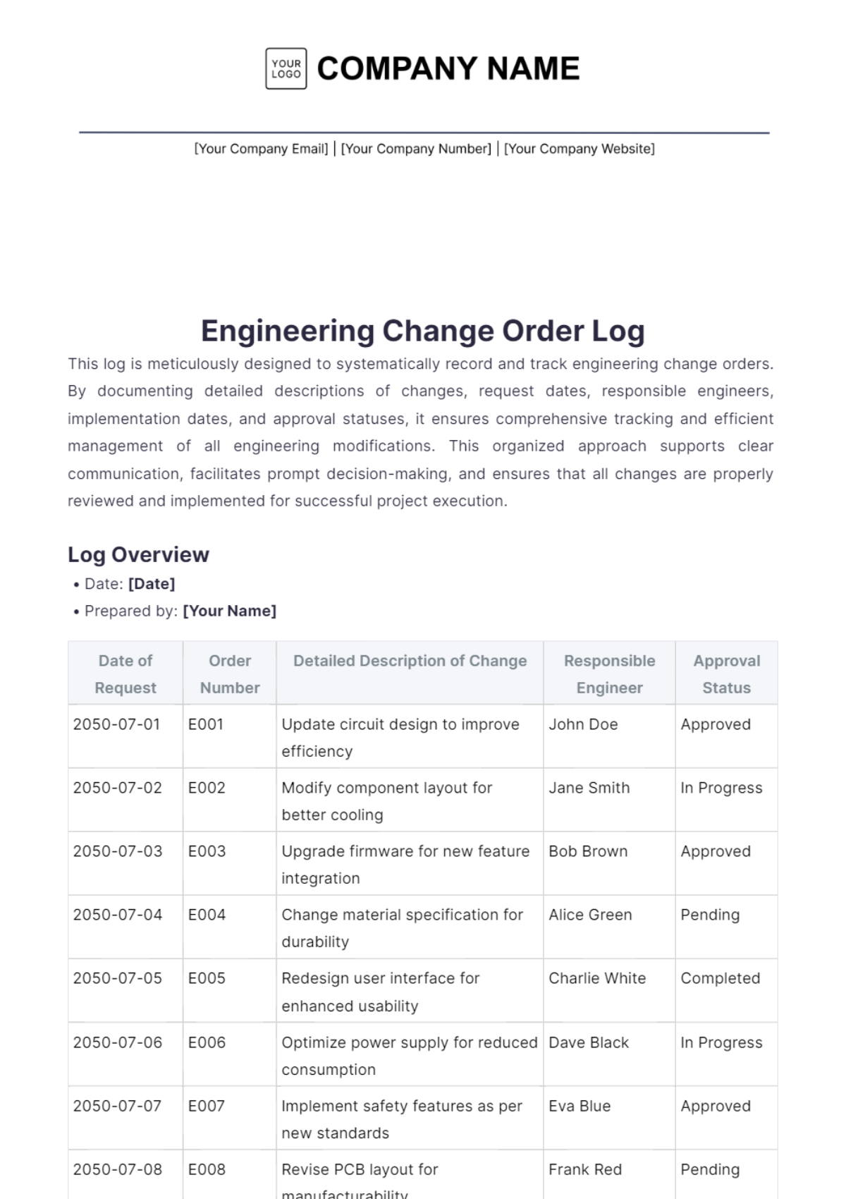 Engineering Change Order Log Template - Edit Online & Download