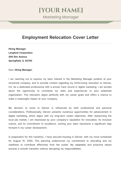 Free Employment Relocation Cover Letter to Edit Online