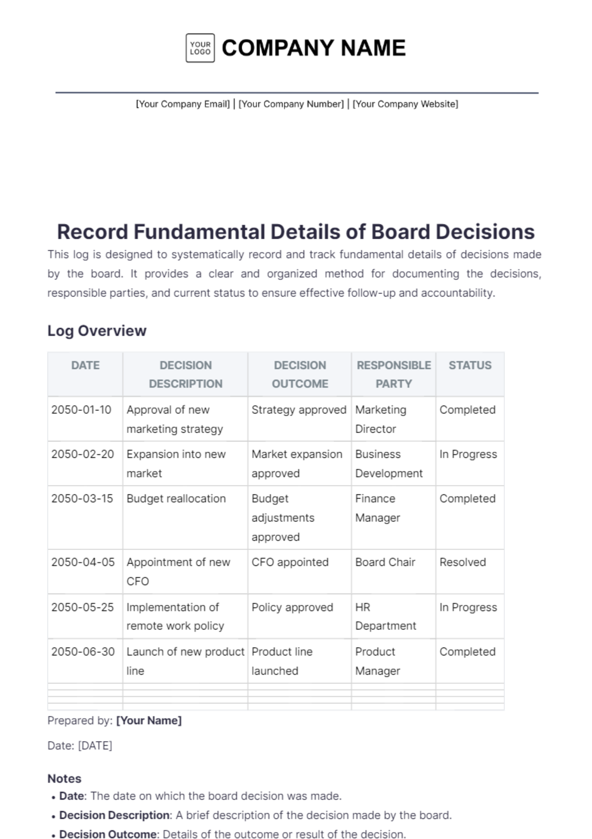 Board of Directors Action Log Template - Edit Online & Download