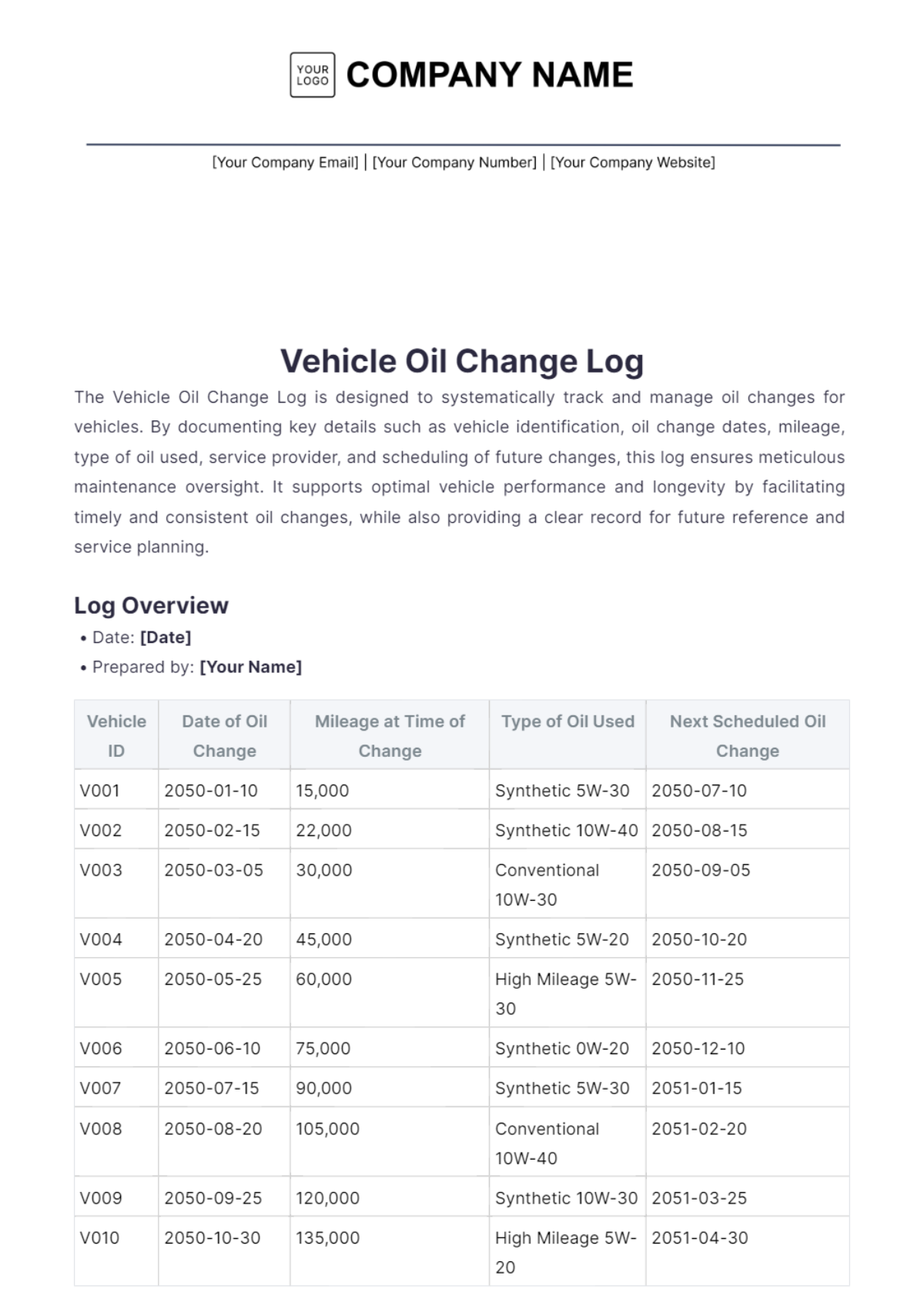 Vehicle Oil Change Log Template - Edit Online & Download