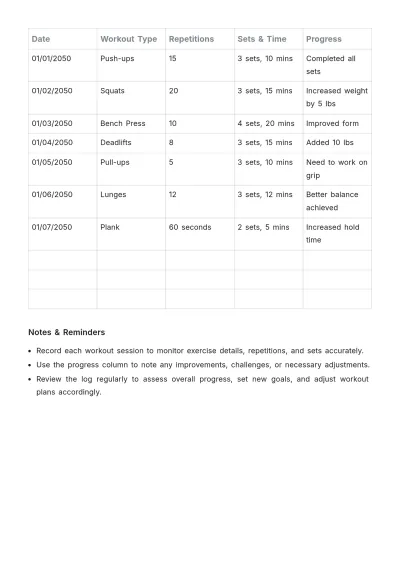 Free Body Workout Log Template to Edit Online