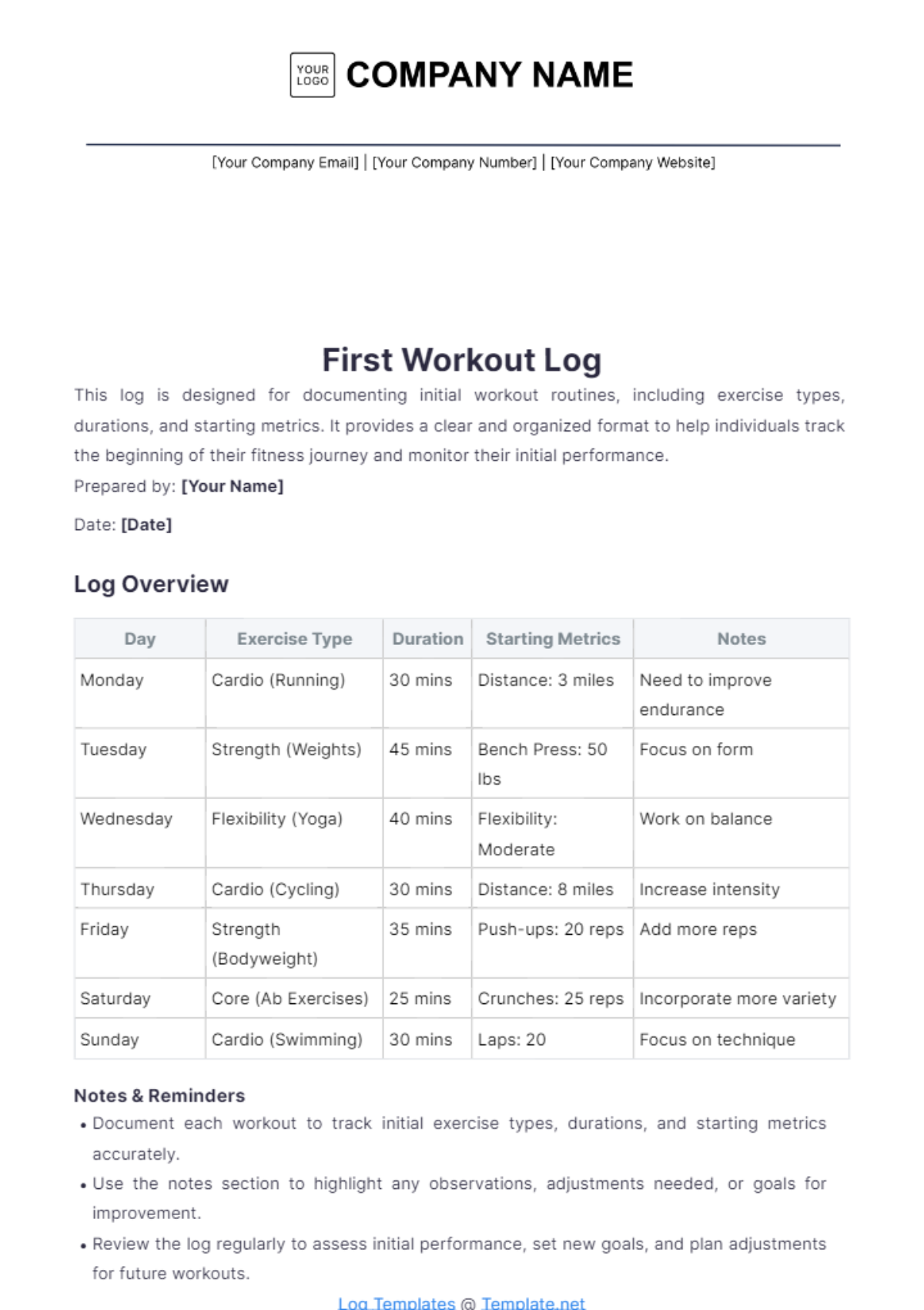 First Workout Log Template - Edit Online & Download