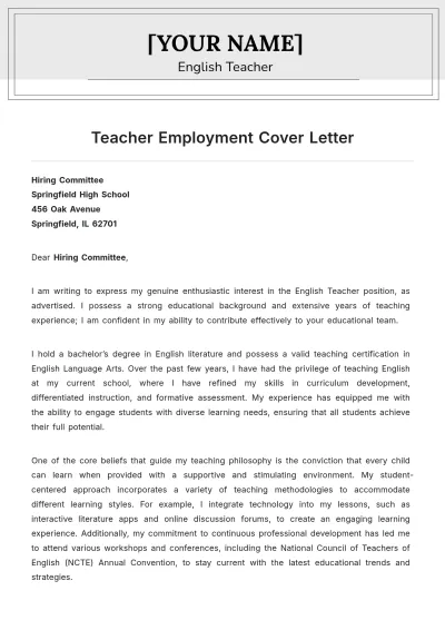Free Teacher Employment Cover Letter to Edit Online