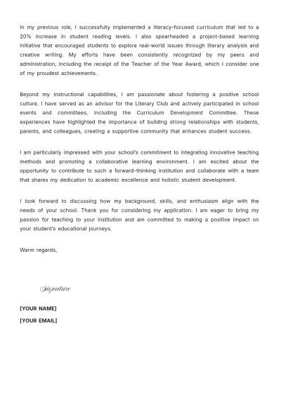 Free Teacher Employment Cover Letter to Edit Online