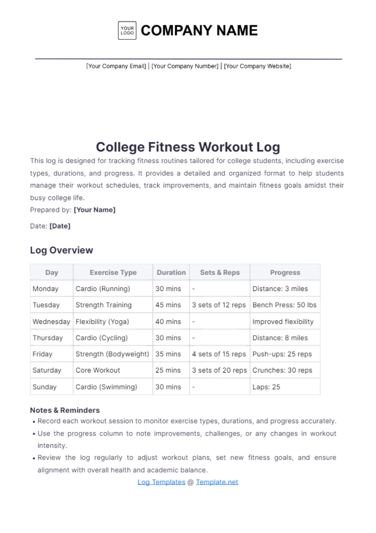 College Fitness Workout Log Template - Edit Online & Download