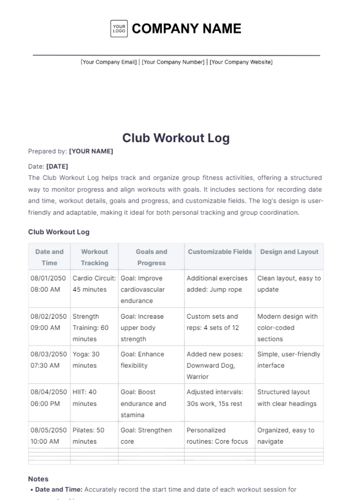 Club Workout Log Template - Edit Online & Download