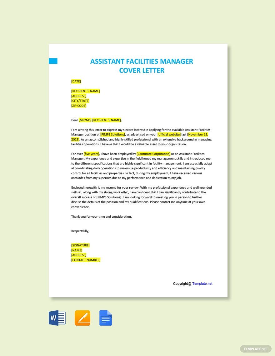 Assistant Facilities Manager Cover Letter