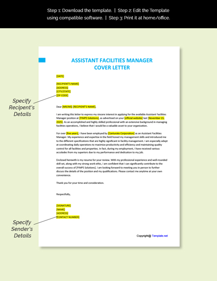 Assistant Facilities Manager Cover Letter Template