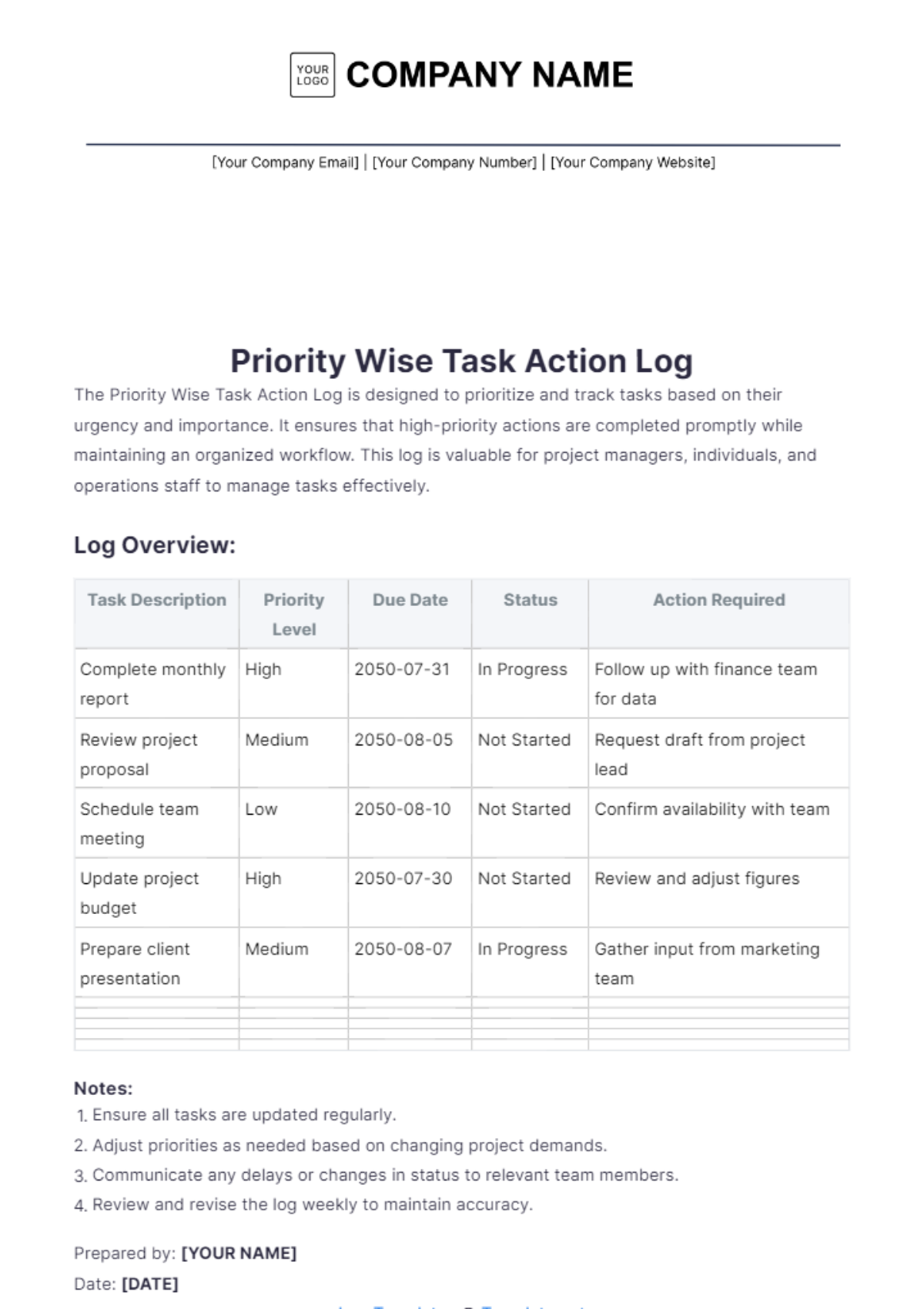 Priority Wise Task Action Log Template - Edit Online & Download