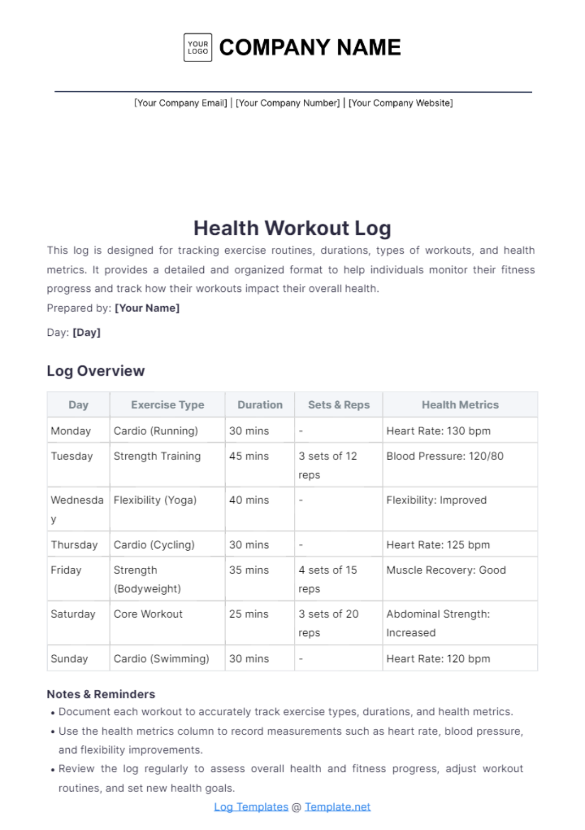 Health Workout Log Template - Edit Online & Download