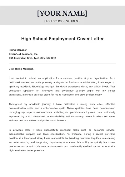 Free High School Employment Cover Letter to Edit Online