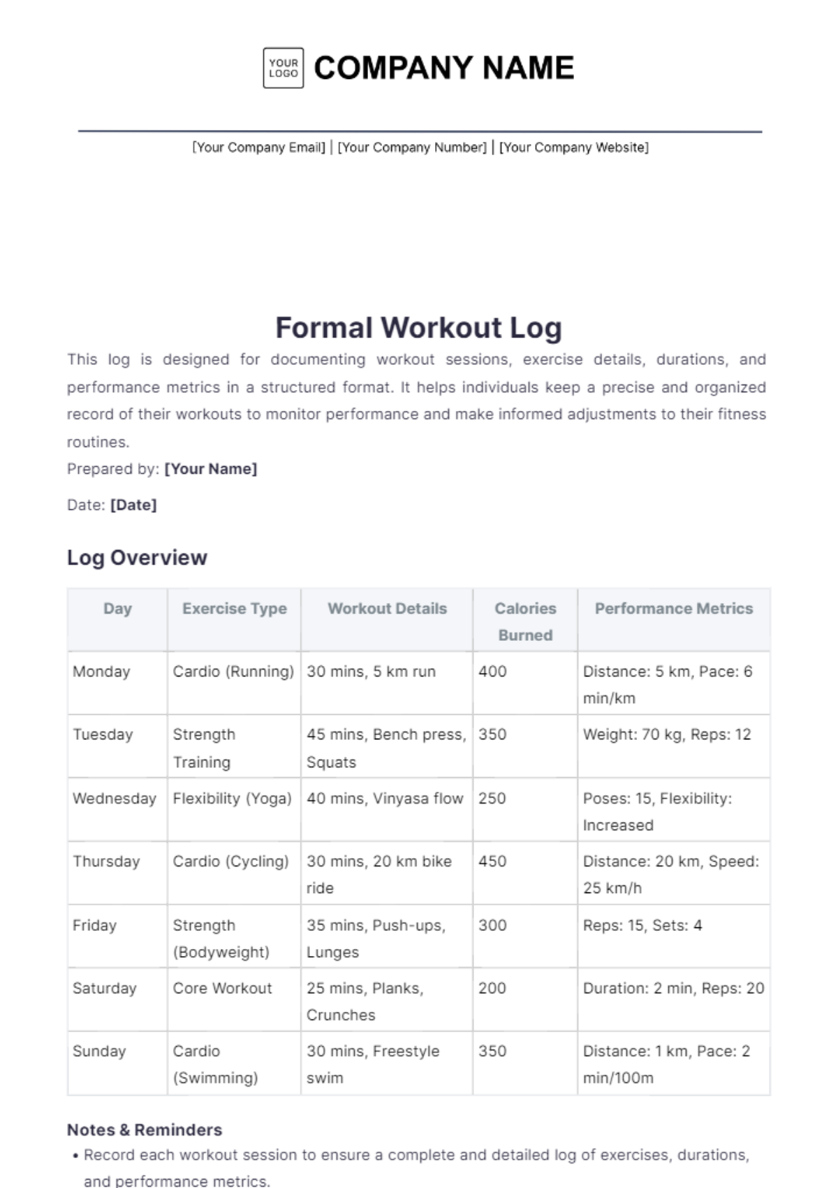 Formal Workout Log Template - Edit Online & Download