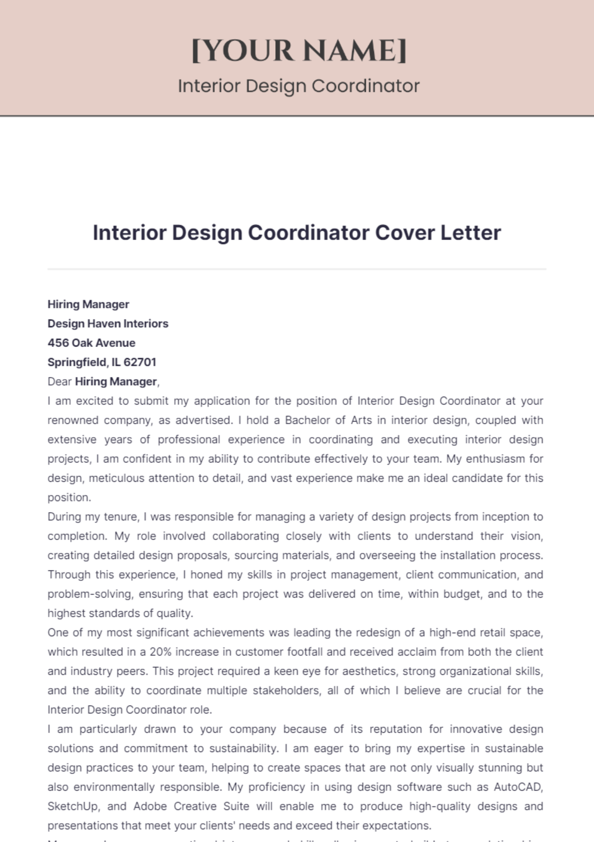 Interior Design Coordinator Cover Letter