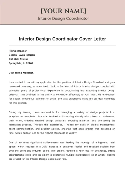 Free Interior Design Coordinator Cover Letter to Edit Online