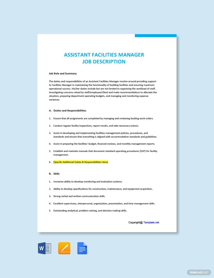 Assistant Facilities Manager Job Description Template
