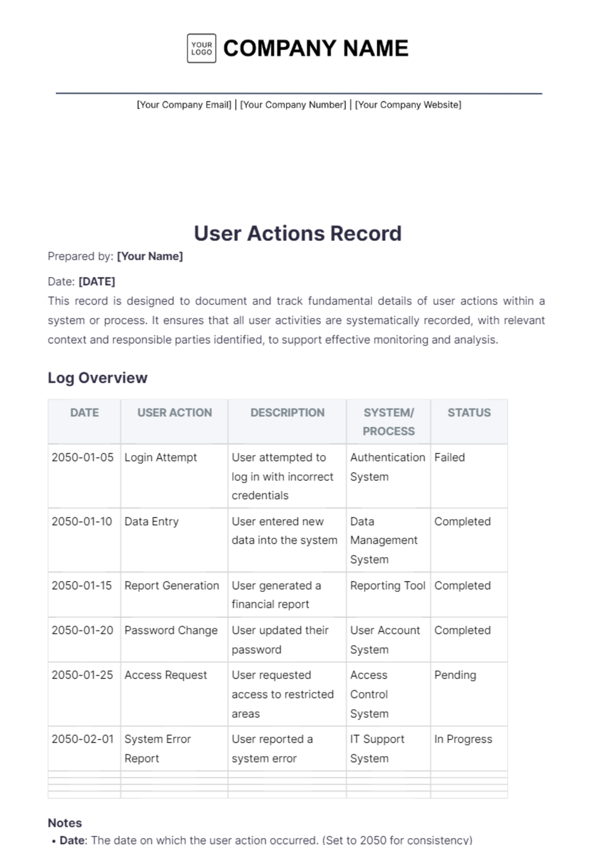 User Action Log Template - Edit Online & Download