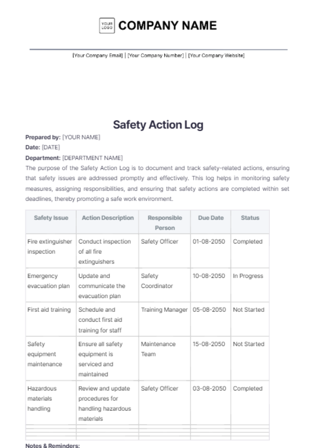 Safety Action Log Template - Edit Online & Download