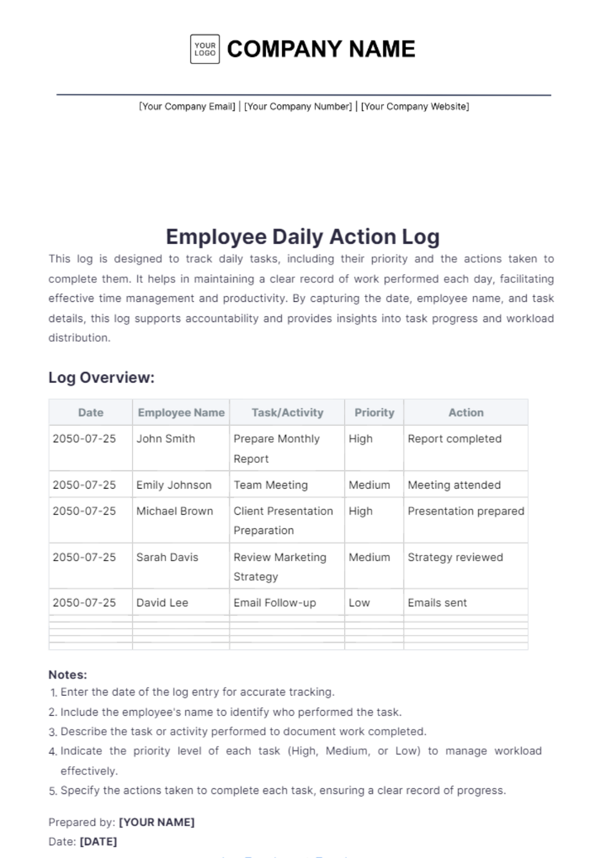 Employee Daily Action Log Template - Edit Online & Download