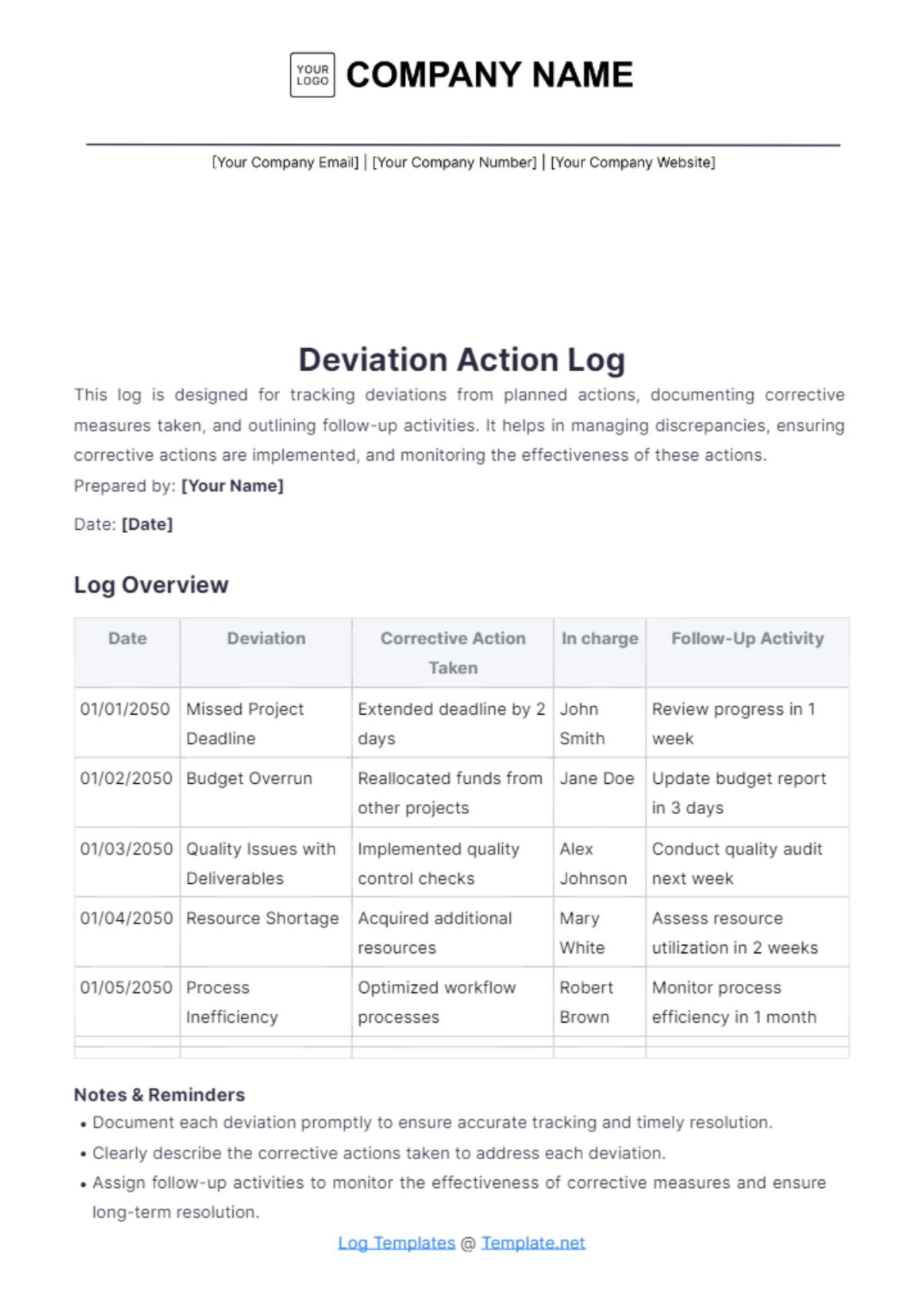 Free Deviation Action Log Template - Edit Online & Download | Template.net