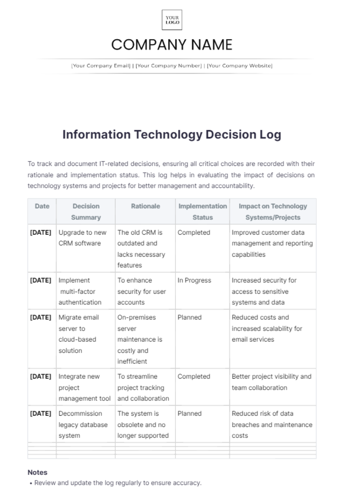 Information Technology Decision Log Template - Edit Online & Download