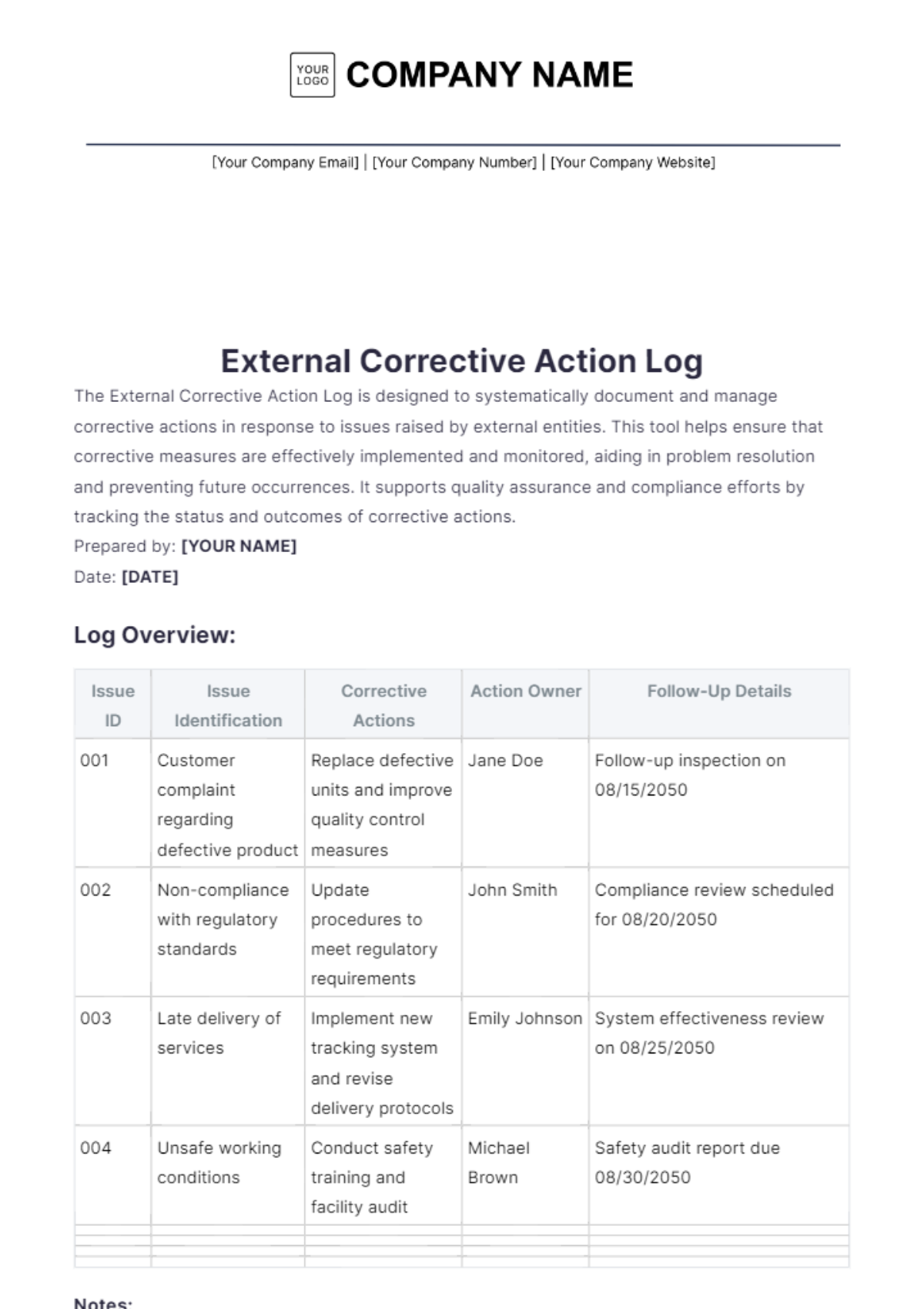 External Corrective Action Log Template - Edit Online & Download