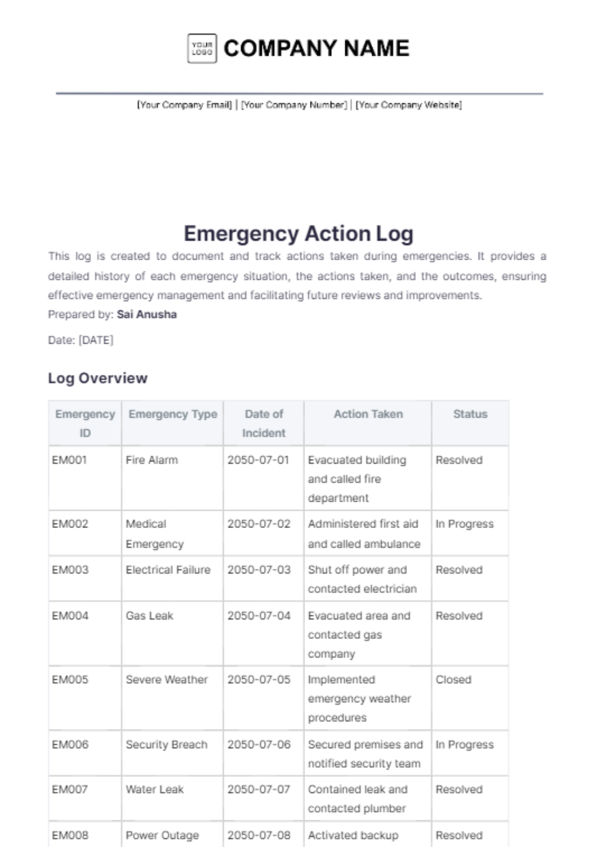 Emergency Action Log Template - Edit Online & Download