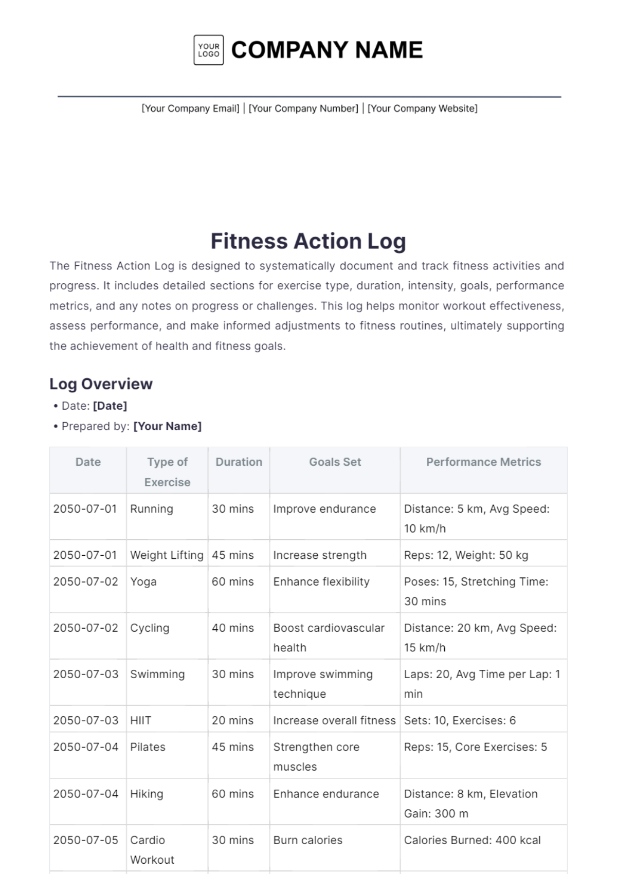 Fitness Action Log Template - Edit Online & Download