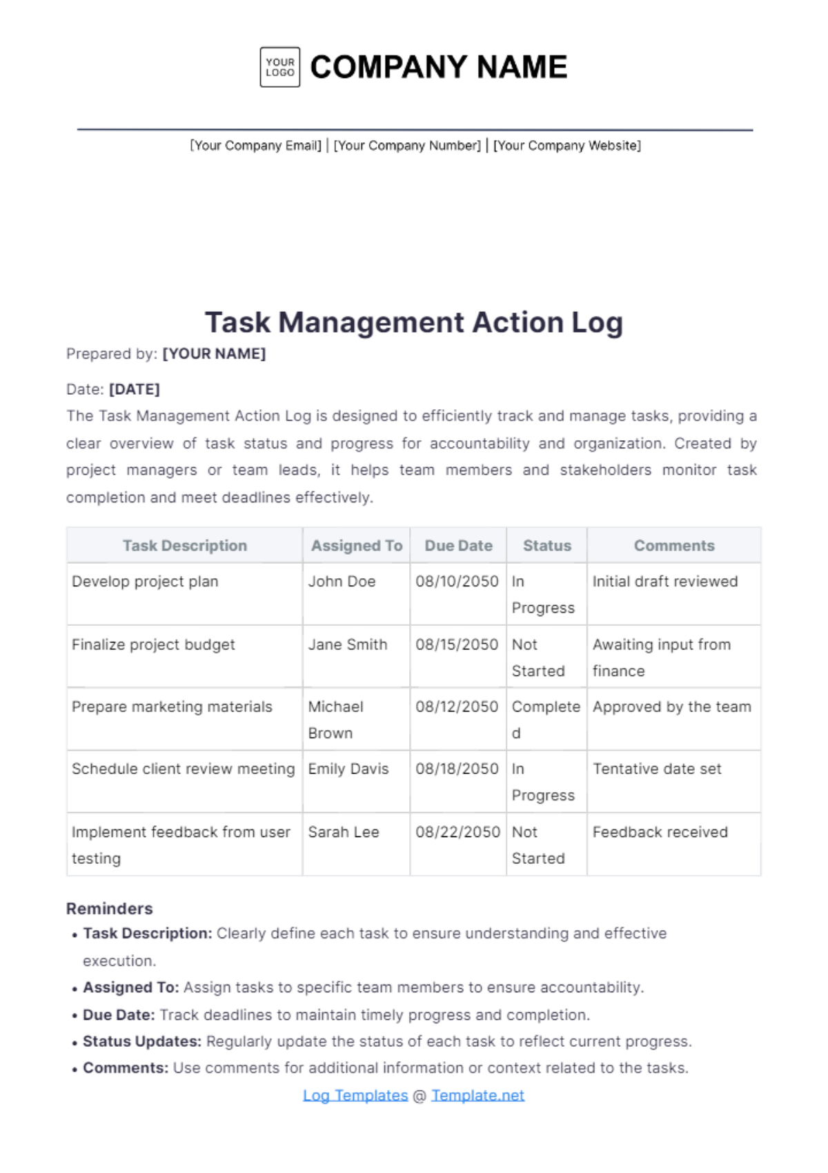 Task Management Action Log Template - Edit Online & Download