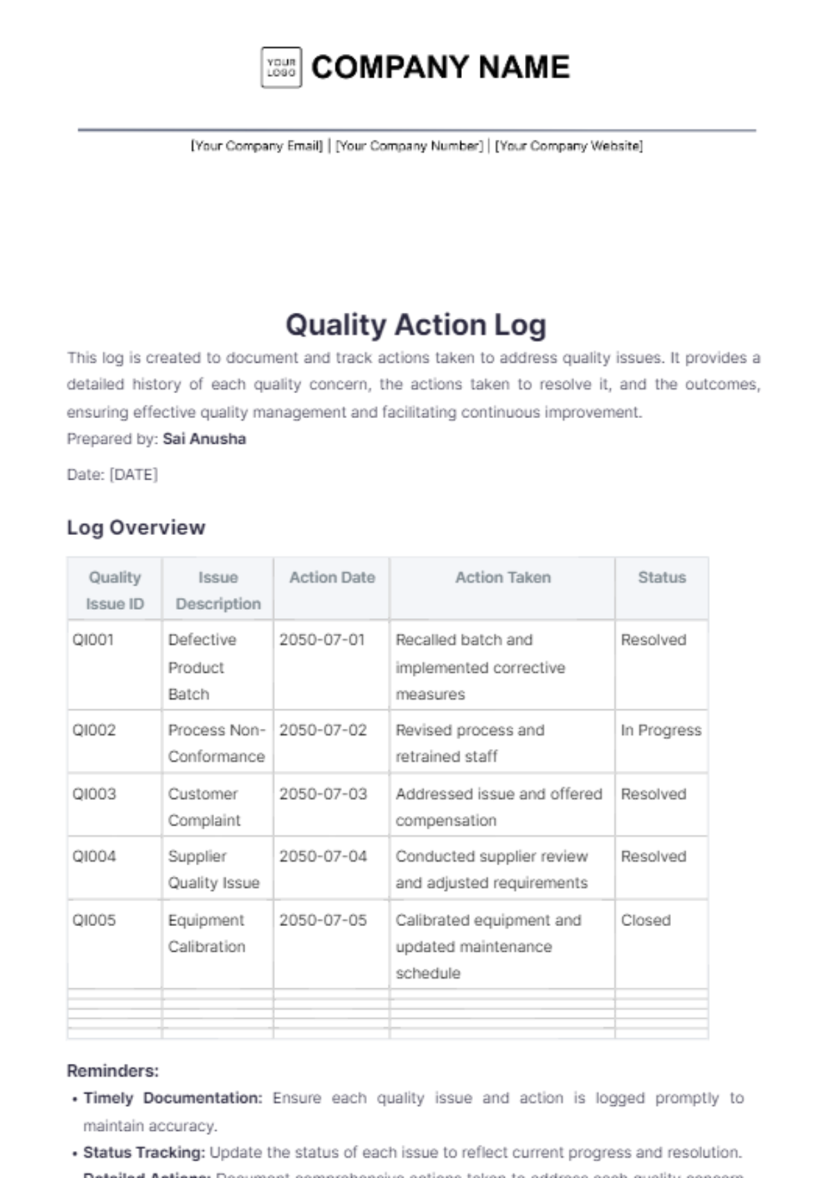 Quality Action Log Template - Edit Online & Download