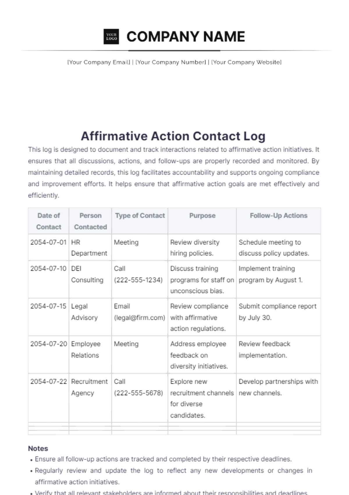 Affirmative Action Contact Log Template - Edit Online & Download