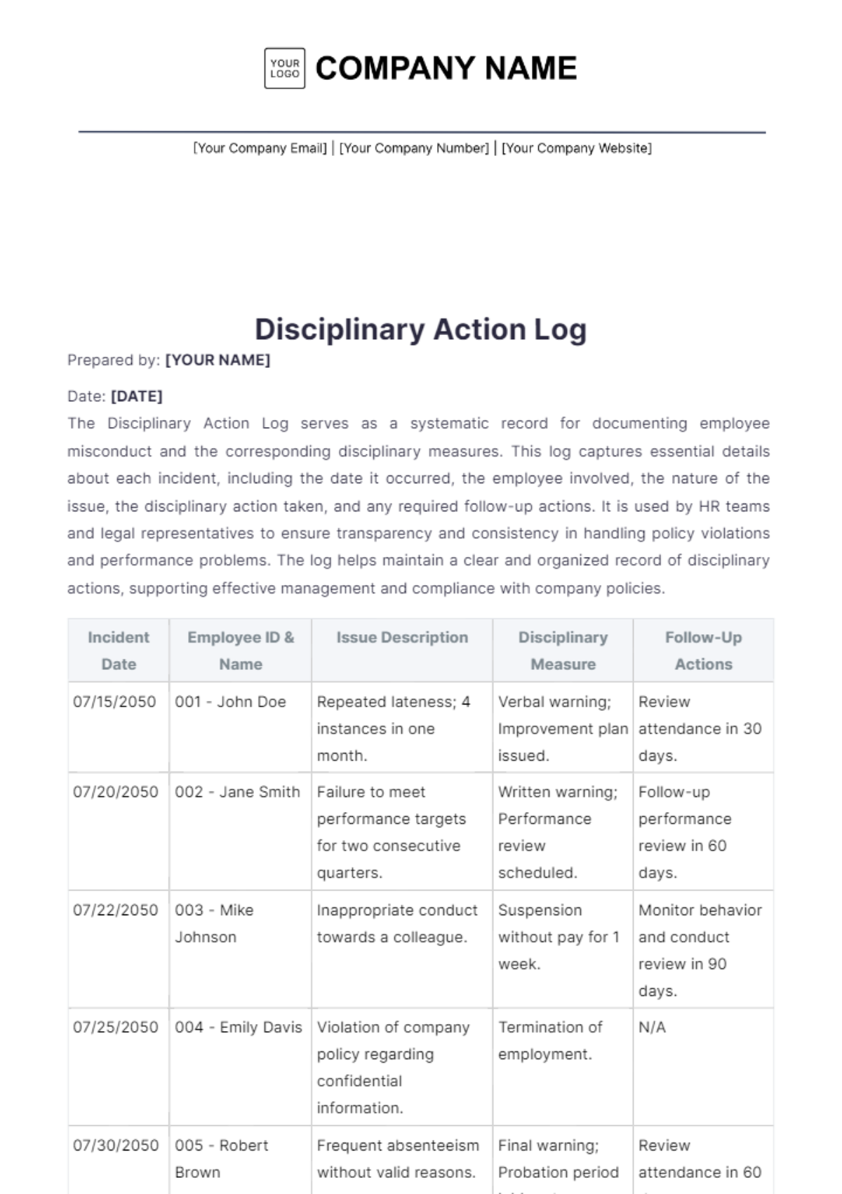 Disciplinary Action Log Template - Edit Online & Download