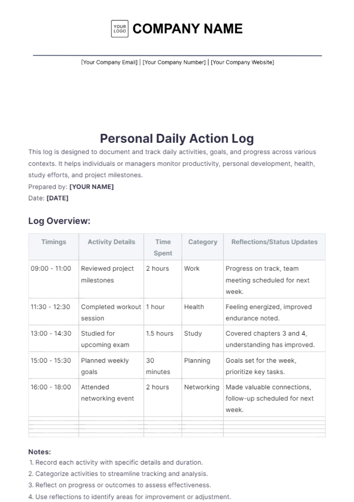 Personal Daily Action Log Template - Edit Online & Download