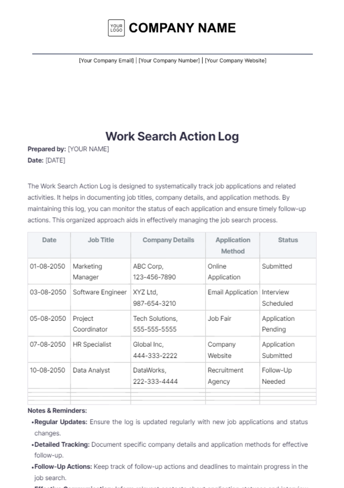 Work Search Action Log Template - Edit Online & Download