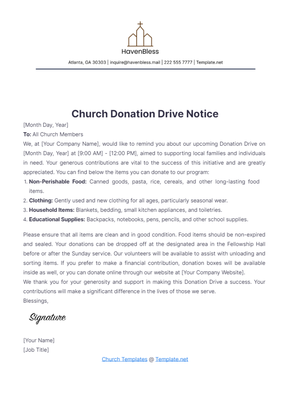 Church Donation Drive Notice Template - Edit Online & Download